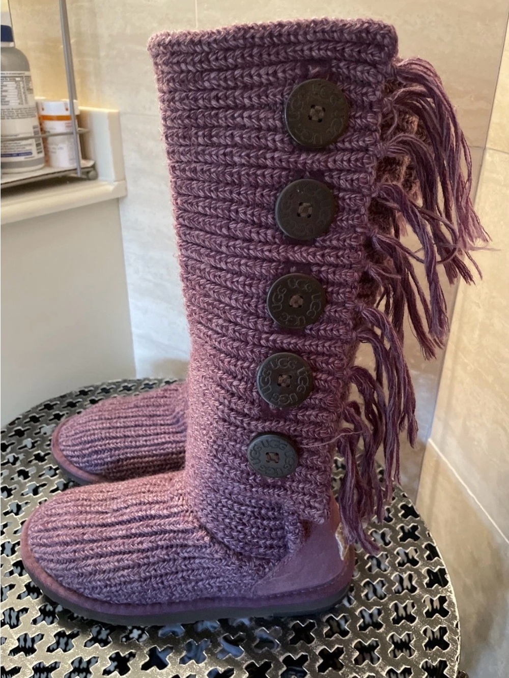 UGG Purple Cardy Sweater Knit Boots with fringesnd buttons #1878 Women's Size 6